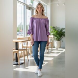 WinWin Lavender Ruffle Sleeve Tunic Top L–XL Floral Lace Boho Off Shoulder